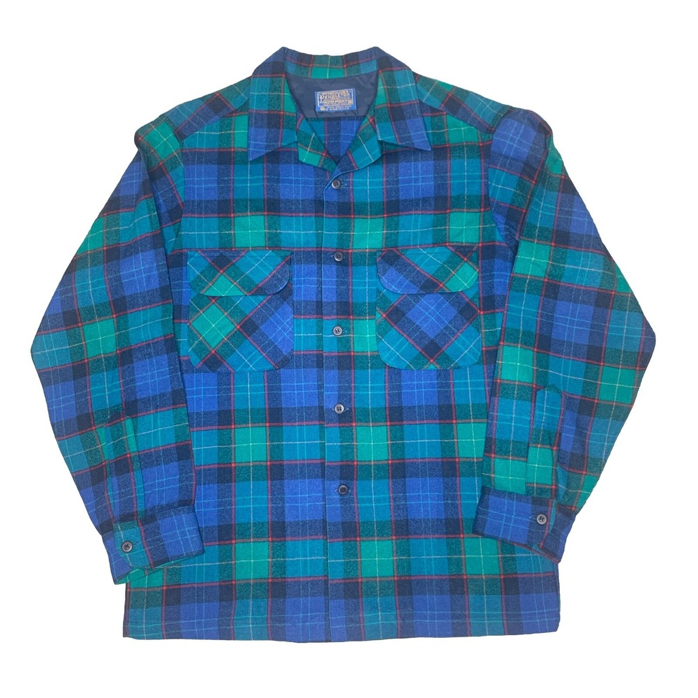 Vintage 70's Pendleton Board Shirt Green Blue Plaid Long Sleeve Mens Sz M USA